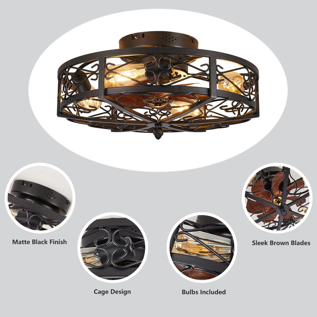 20' Caged Farmhouse Flush Mount Ceiling Fan with Light and Remote Control Bladeless Low Profile Ceiling Fans with Lights Enclosed Vintage Fan 6 Speed Reversible for Kitchen, Bedroom