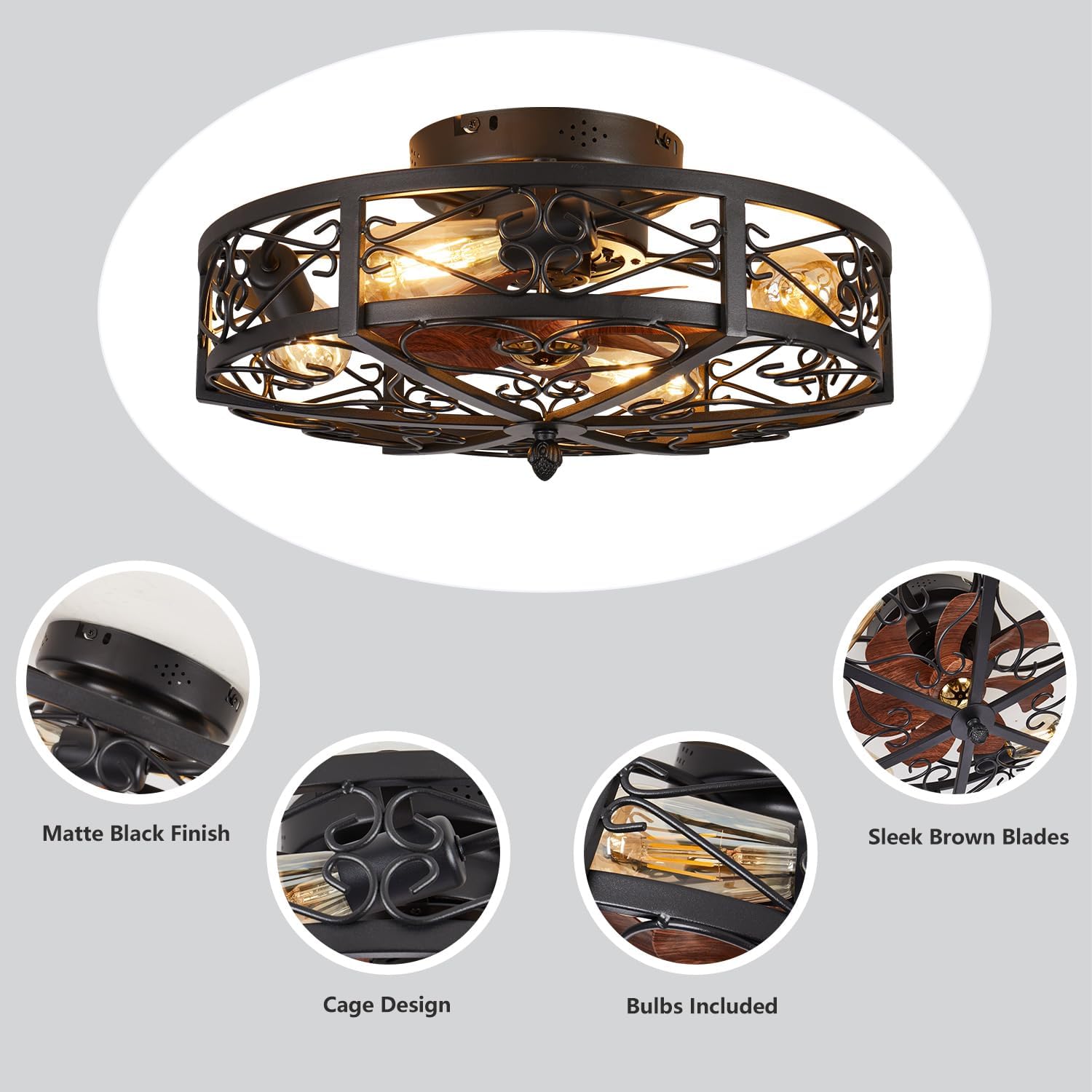 20' Caged Farmhouse Flush Mount Ceiling Fan with Light and Remote Control Bladeless Low Profile Ceiling Fans with Lights Enclosed Vintage Fan 6 Speed Reversible for Kitchen, Bedroom