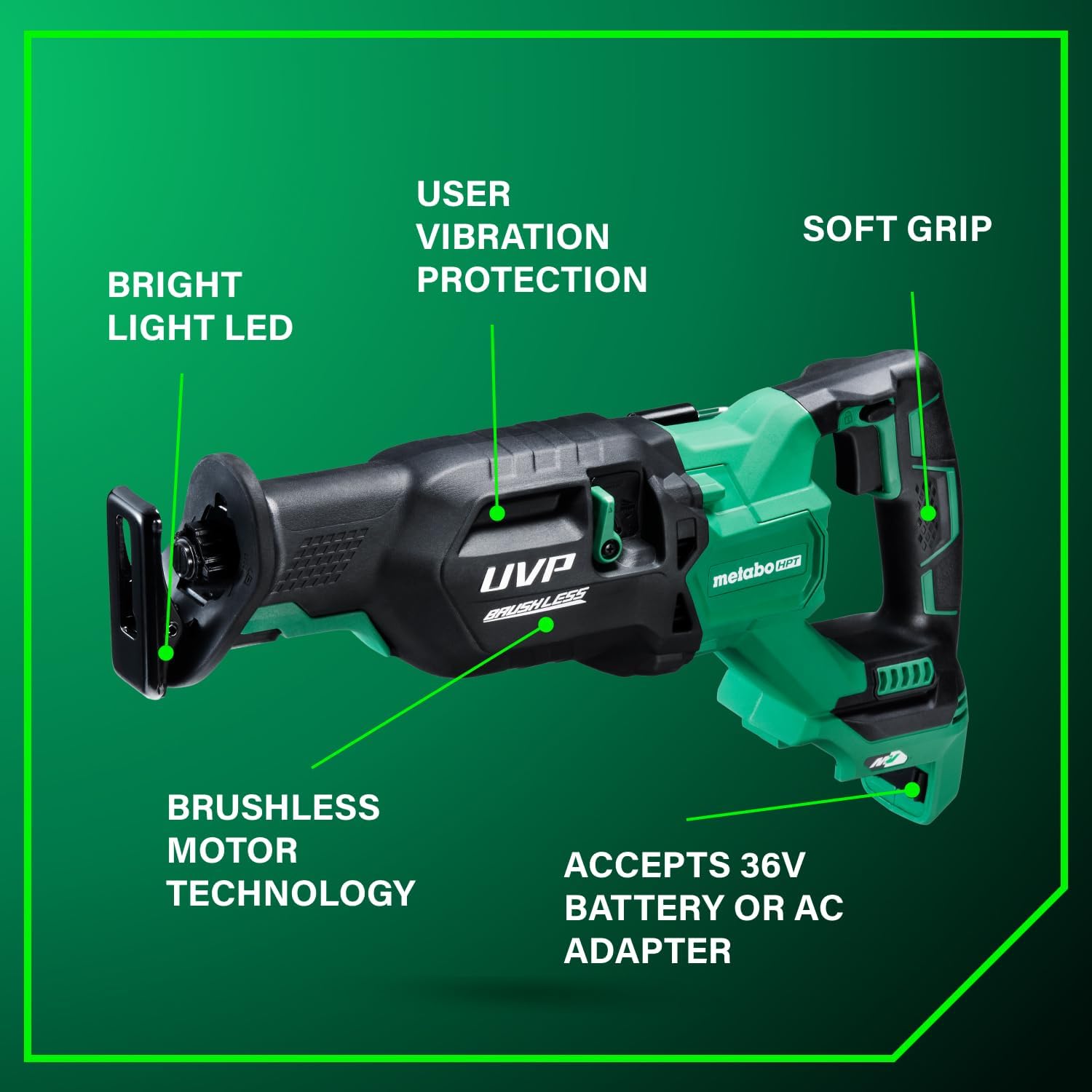 Metabo HPT 36V MultiVolt Cordless Reciprocating Saw, 4-Stage Speed Selector, 1,700 SPM to 3,000 SPM, Orbital Action, Low Vibration, Hybrid Power Option, Metal Rafter Hook, Tool Body Only, CR36DAQ4