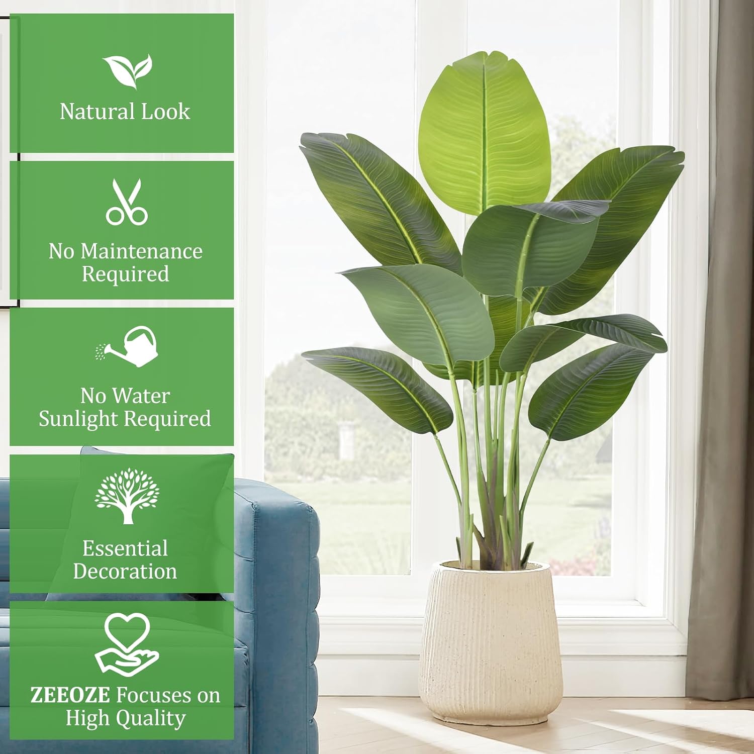 Artificial Bird of Paradise Plant 4Ft Tall Fake Tropical Palm Tree Large Fake Plants with 9 Silk Banana Leaves Faux Plant Indoor Decor Trees with White Pot for Home Bedroom Living Room Office（2pcs）