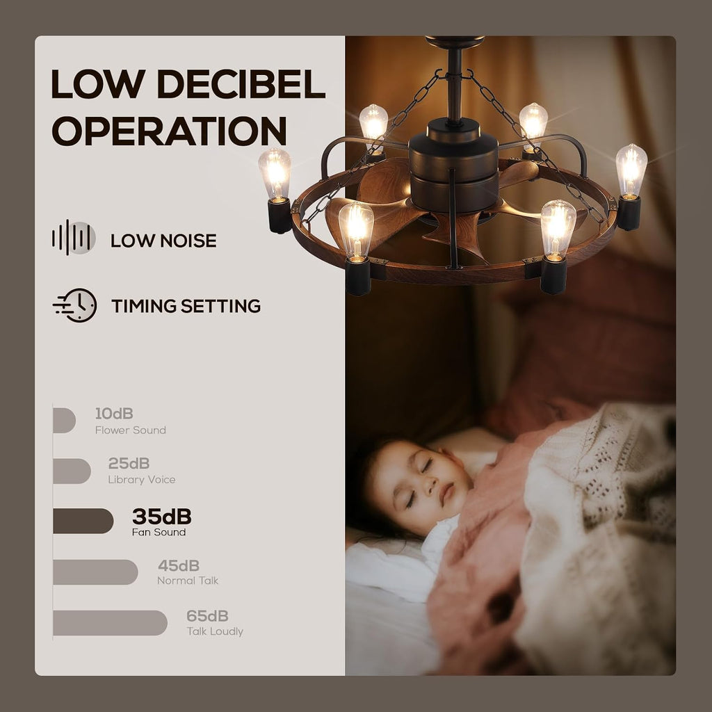 LUDOMIDE Ceiling Fan with Light, 28' Rustic Chandelier Ceiling Fan with Remote Control, Farmhouse Caged Ceiling Fan with Lights for Bedroom, Kitchen, Living Room, Dining Room