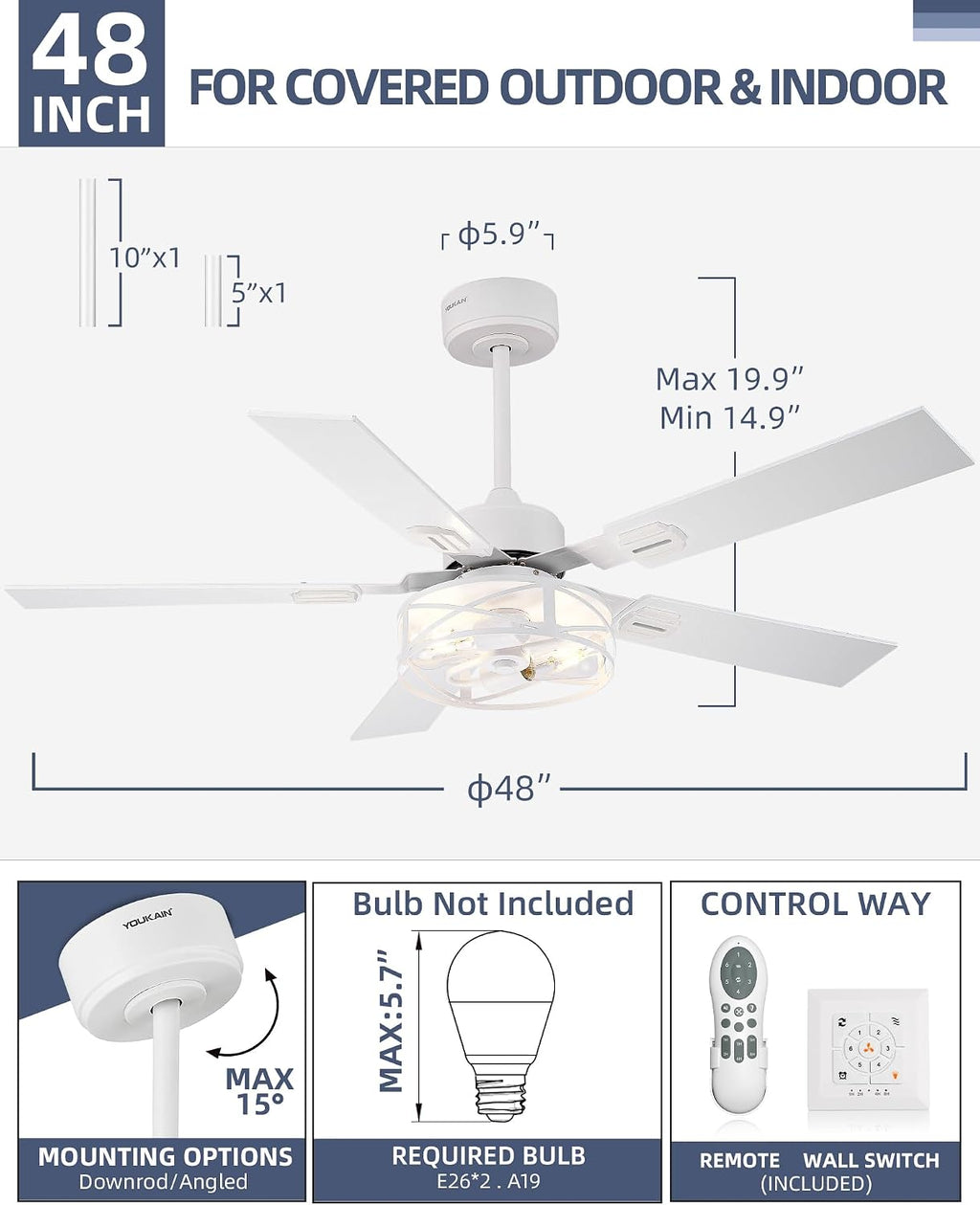 YOUKAIN 48 Inch Ceiling Fans with Lights, Farmhouse Ceiling Fans with Wall Switch and Remote Control, 5-Reversible, White Finish, Outdoor Ceiling Fan for Indoor/Outdoor Use, 48-YJ632-WHW-WS