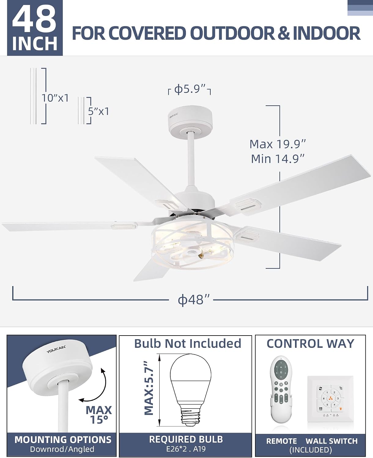 YOUKAIN 48 Inch Ceiling Fans with Lights, Farmhouse Ceiling Fans with Wall Switch and Remote Control, 5-Reversible, White Finish, Outdoor Ceiling Fan for Indoor/Outdoor Use, 48-YJ632-WHW-WS