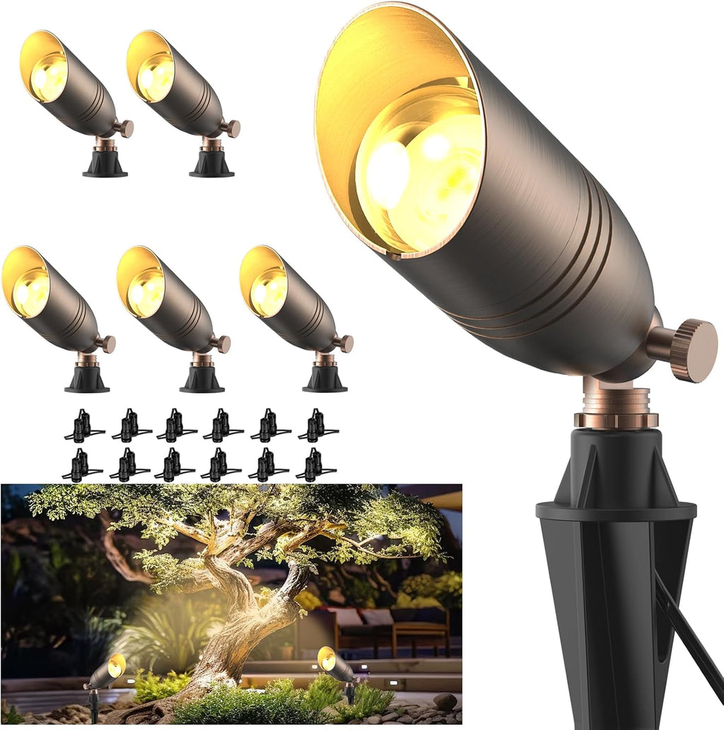 ZONEGRACE Solid Brass 12V Low Voltage Landscape Lighting,Heavy-Duty Waterproof Outdoor LED Spotlights Fixtures with Connectors, Bronze Uplights & Accent Lights,MR16 Bulb Not Included (Classic,6 Pack)
