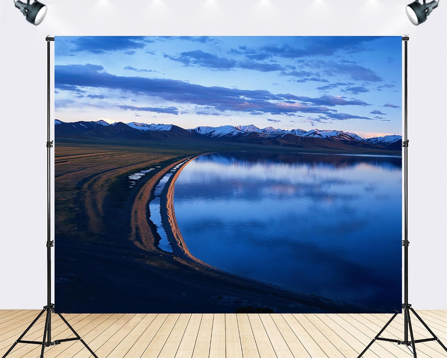 Trykid 20x10ft Blue Lake Backdrop Snowy Peaks Curving Shoreline Clear Reflections Expansive Plains Photography Background Wedding Event Party Decoration Photo Booth Prop Fabric