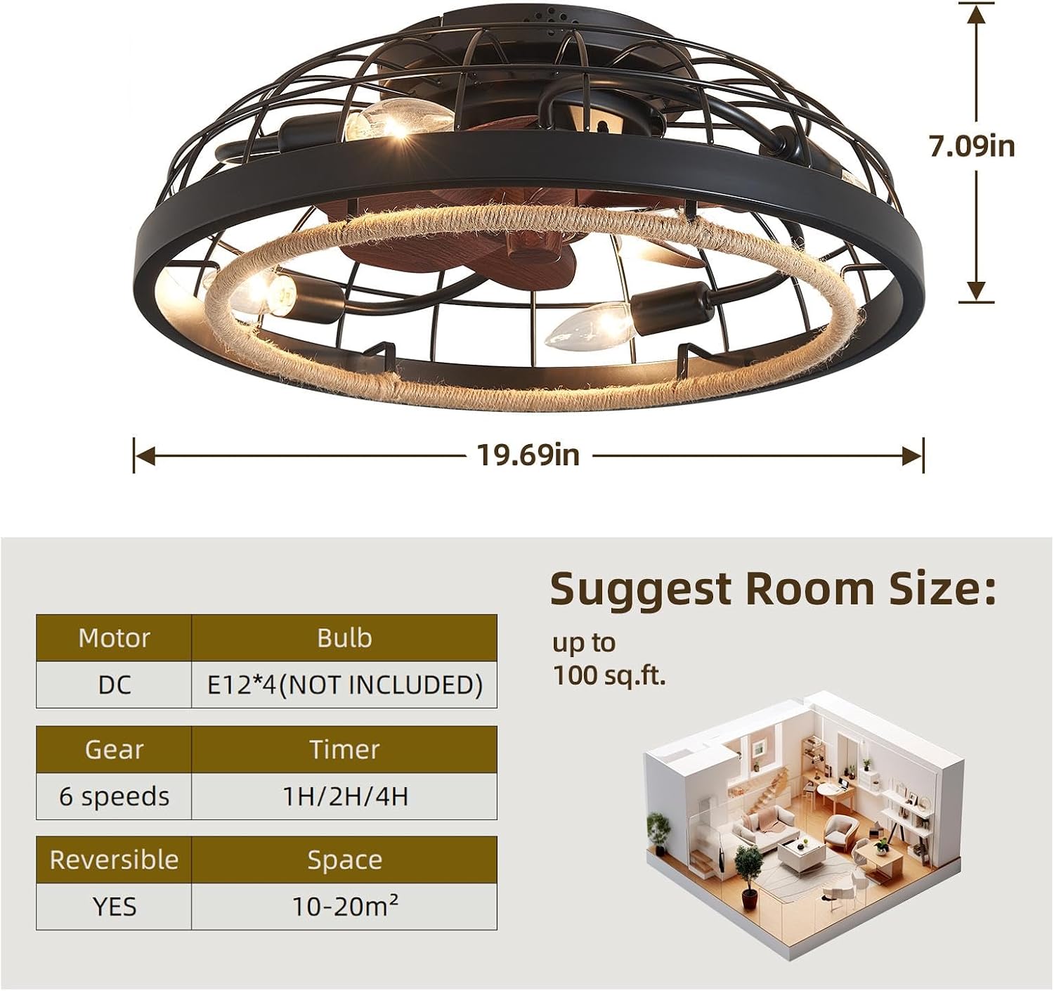 20' Boho Black Caged Ceiling Fan with Lights and Remote, Rustic Flush Mount Bladeless Ceiling Fan Low Profile, Small Farmhouse Hand Woven Rattan Ceiling Fan for Bedroom, Kitchen, Indoor