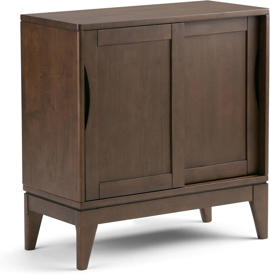 SIMPLIHOME Harper Storage Cabinet - 30 inch Wide Solid Hardwood 2-Shelf Low Console Cabinet in Walnut Brown, Mid-Century Modern Cupboard for Living Room with Sliding Doors and Adjustable Shelves