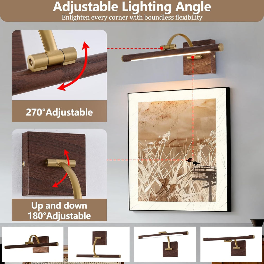 2 Pack Brass & Wood Wall Mount LED Picture Light, Hard Wired Dimmable Swing Arm Art Gallery Lamp 2700K Warm White Home Art Painting Decor Light