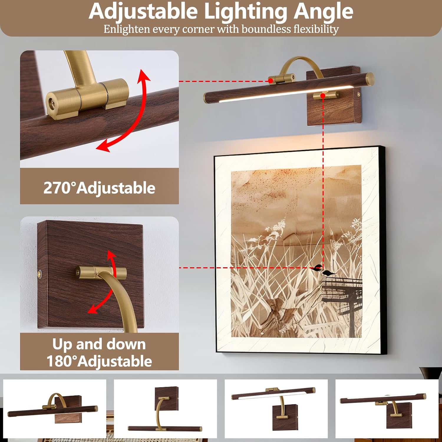 2 Pack Brass & Wood Wall Mount LED Picture Light, Hard Wired Dimmable Swing Arm Art Gallery Lamp 2700K Warm White Home Art Painting Decor Light