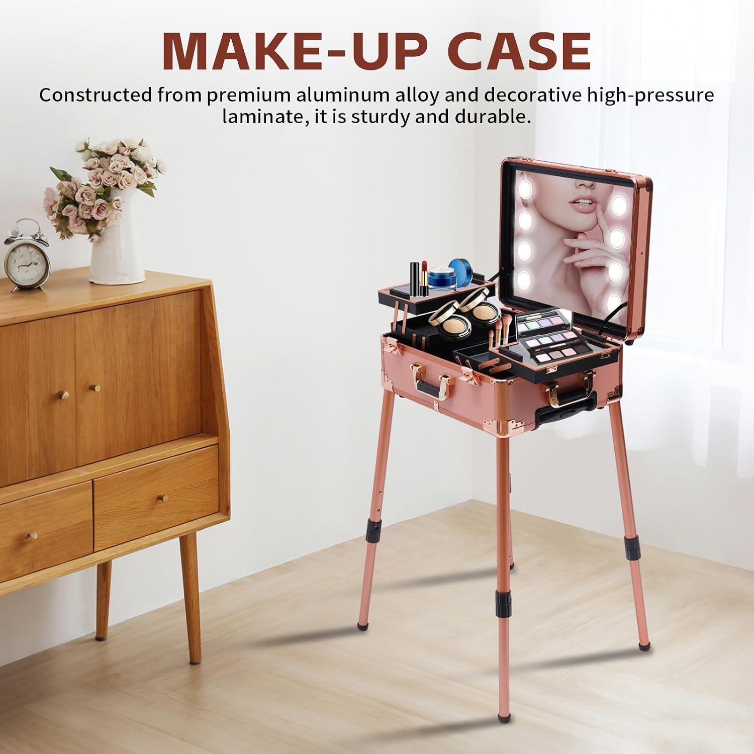 Make-Up Case, Cosmetic Train Table with 4 Rolling Wheels & Lights & Mirror, Pro Make-Up Station, Cover Panel and Easy-to-Clean Extendable Trays, Adjustable Legs, Robust (Rose Gold)