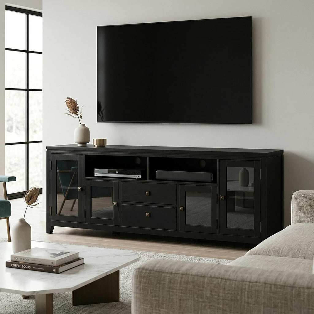 SIMPLIHOME Cosmopolitan TV Stand - 72 inch Wide Solid Wood Media Console in Black, Contemporary Entertainment Center for Living Room for TVs up to 80 Inches with Drawers and Cable Management