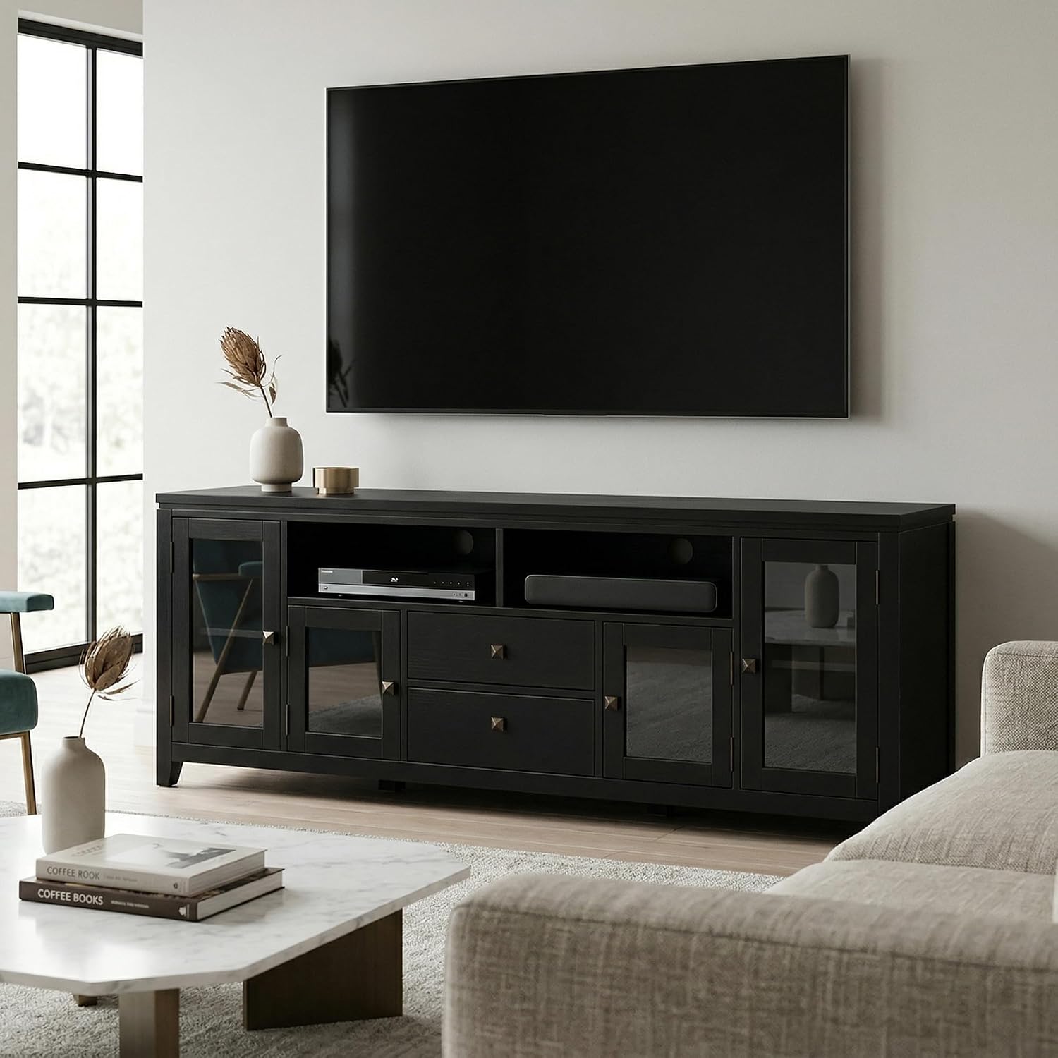 SIMPLIHOME Cosmopolitan TV Stand - 72 inch Wide Solid Wood Media Console in Black, Contemporary Entertainment Center for Living Room for TVs up to 80 Inches with Drawers and Cable Management