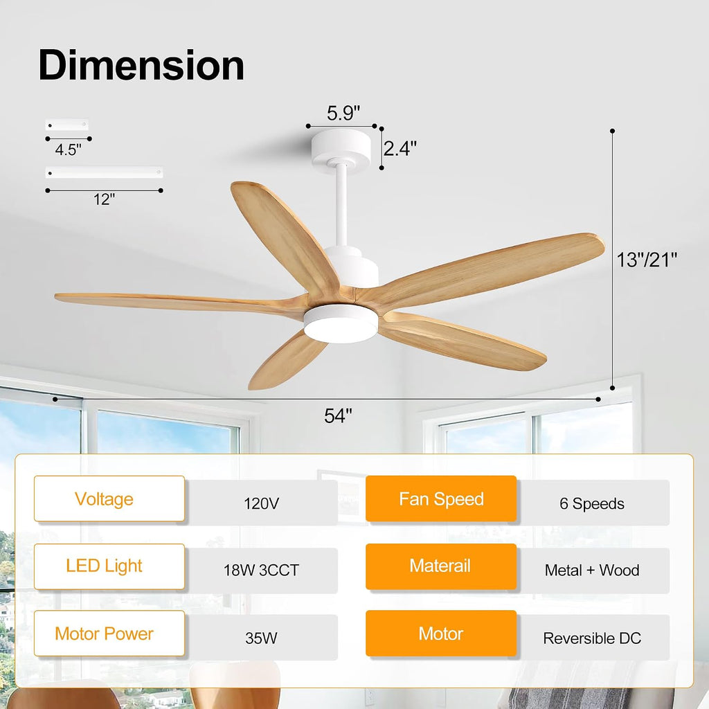 WINGBO 54' Ceiling Fan with Light - 5 Carved Solid Wood Blades, 6-Speed Reversible DC Motor, Dimmable, 3CCT, Noiseless Remote Control Ceiling Fans with Lights for Bedroom Living Room, White and Oak
