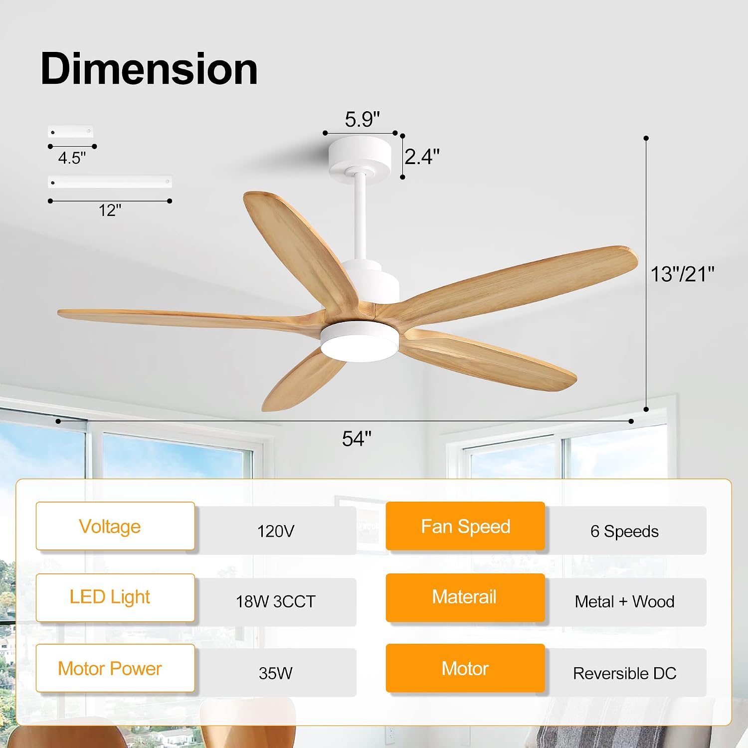 WINGBO 54' Ceiling Fan with Light - 5 Carved Solid Wood Blades, 6-Speed Reversible DC Motor, Dimmable, 3CCT, Noiseless Remote Control Ceiling Fans with Lights for Bedroom Living Room, White and Oak
