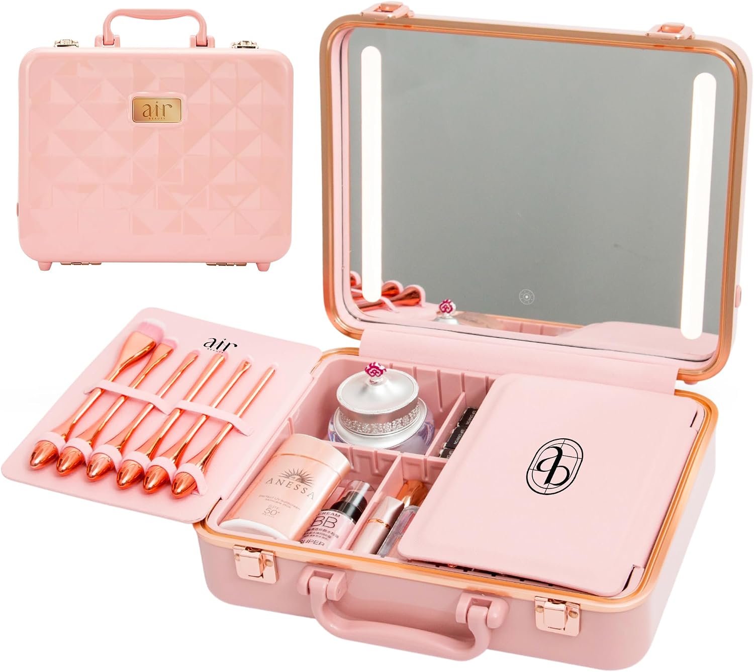 Air Makeup Beauty Box - Make up Bag with LED Lighted Mirror, Professional Mini/Large Cosmetic bag Organizer - Portable Vanity & Makeup Case for Travel (Beauty Box, Blush Pink)