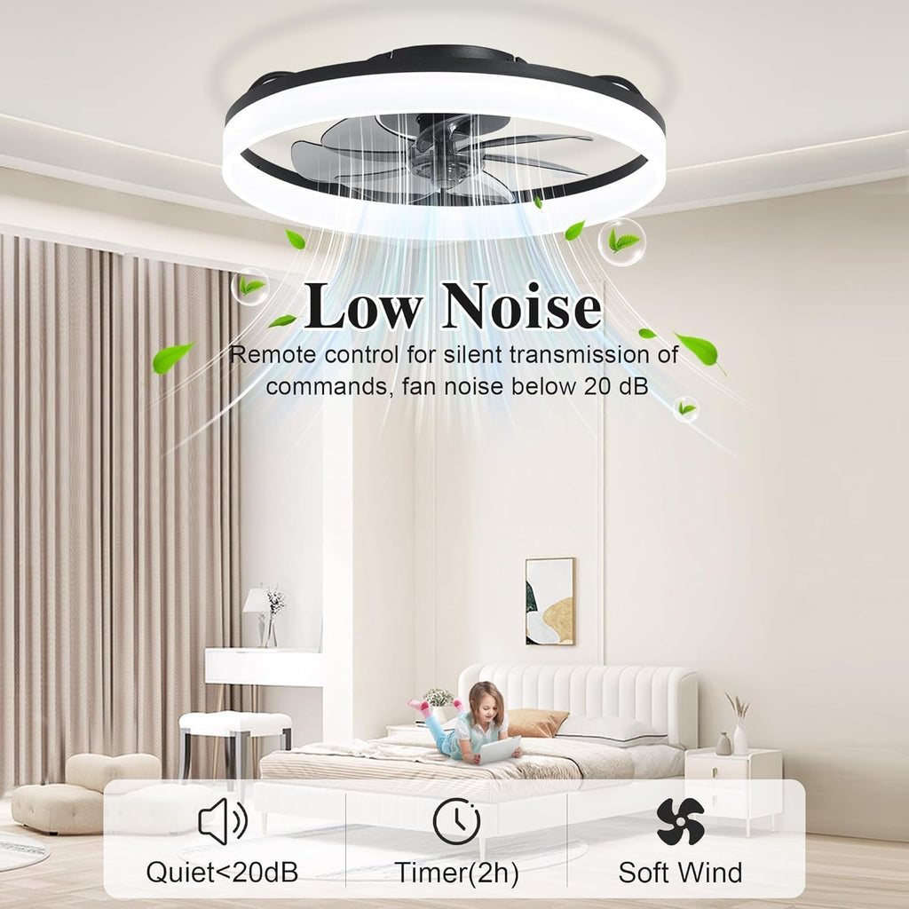 Ceiling Fans with Lights and Remote Fandelier - 20'' Flush Mount Low Profile Modern Black Ceiling Fans for Bedroom - Stepless Color Temperature Change and 6 Speeds, Black