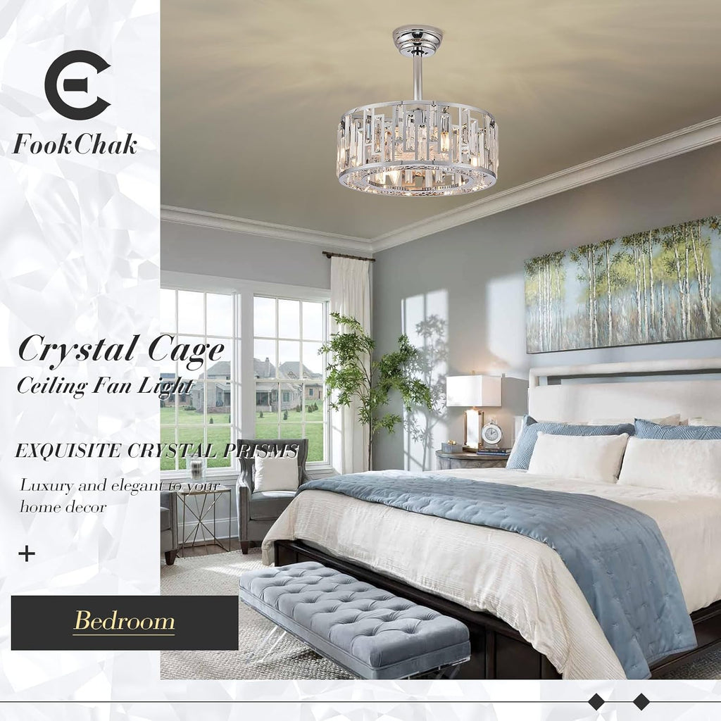 Modern Chrome Caged Ceiling Fan with Light for Bedroom Crystal Ceiling Light Fixture with Fan Bladeless Ceiling Fan Light for Kitchen Hallway Dining Room