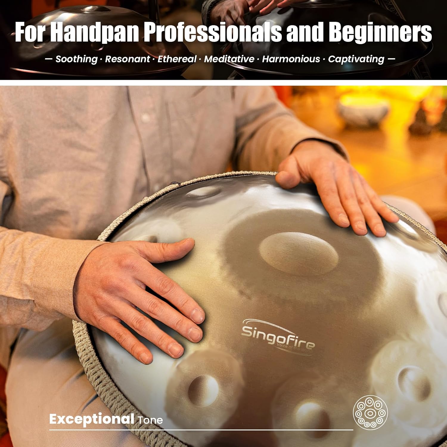 'SINGOFIRE' 10-Notes Handpan Drum, Handpan Drums for Adults, 22-Inch 440Hz D Minor Kurd Handpan, Handpans Instrument with Soft Drum Bag, 2 Handpan Mallets, Stand and Dust-Free Cloth(Gold)
