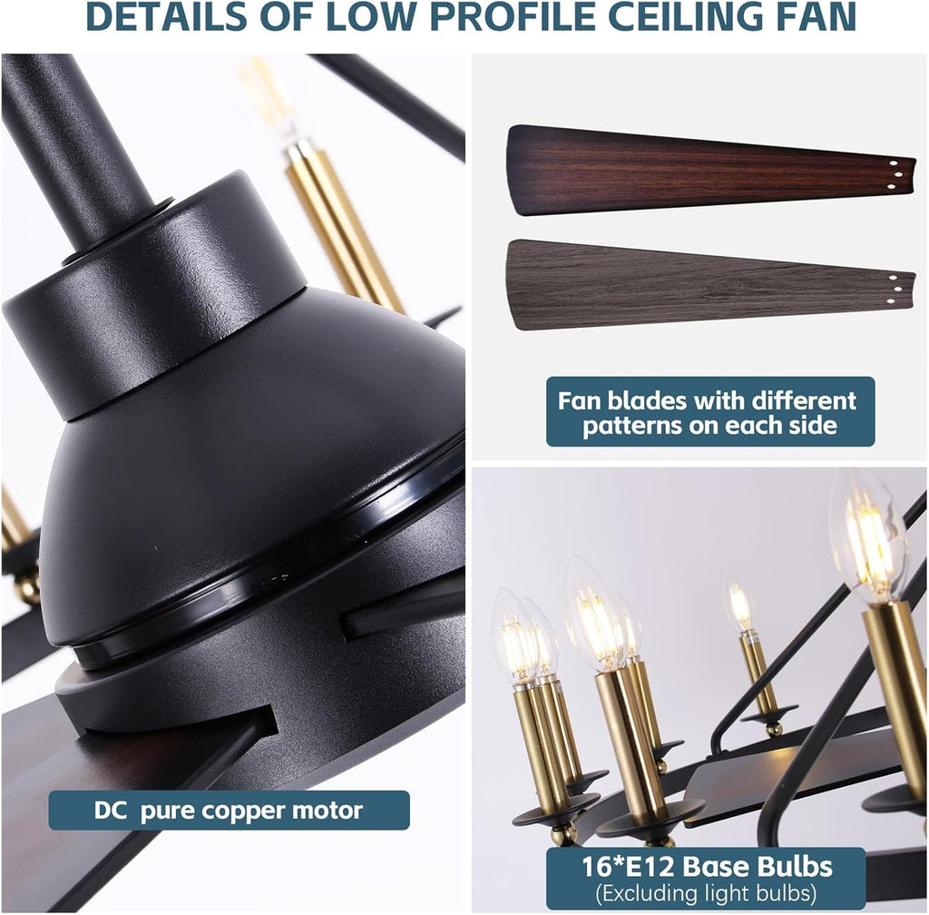 44' Black+Gold Wagon Wheel Chandelier with Fans, Farmhouse Ceiling Fan with 16-Lights and Remote, Adjustable Height, Rustic Chandelier for Living Room Bedroom, 6-Speed Reversible Large Fandelier