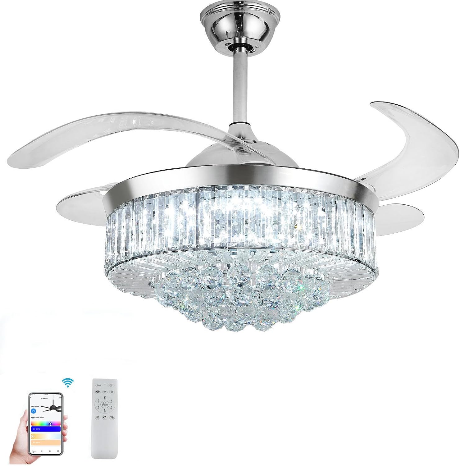 42' Smart Retractable Crystal Ceiling Fan with Light: Alexa/Google Home & Remote, Bluetooth Speaker, Dimmable RGB Light, 6-Speed Reversible Fandelier Chandelier Fan for Bedroom,Dining/Living Room