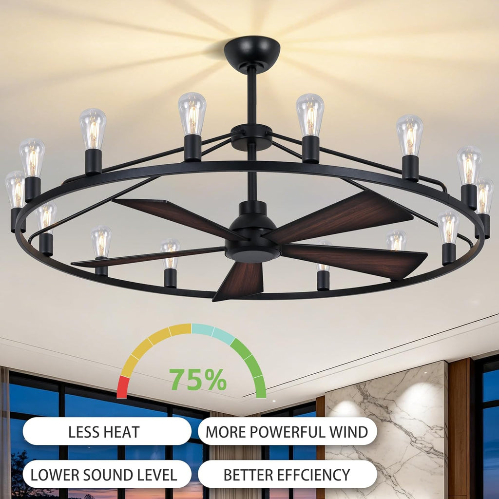 She's home 50' Wagon Wheel Chandelier with Fans, Black Large Farmhouse Ceiling Fan with Light and Remote, 15-Lights Round Rustic Fandelier for Living Room, Dining Room, Height Adjustable