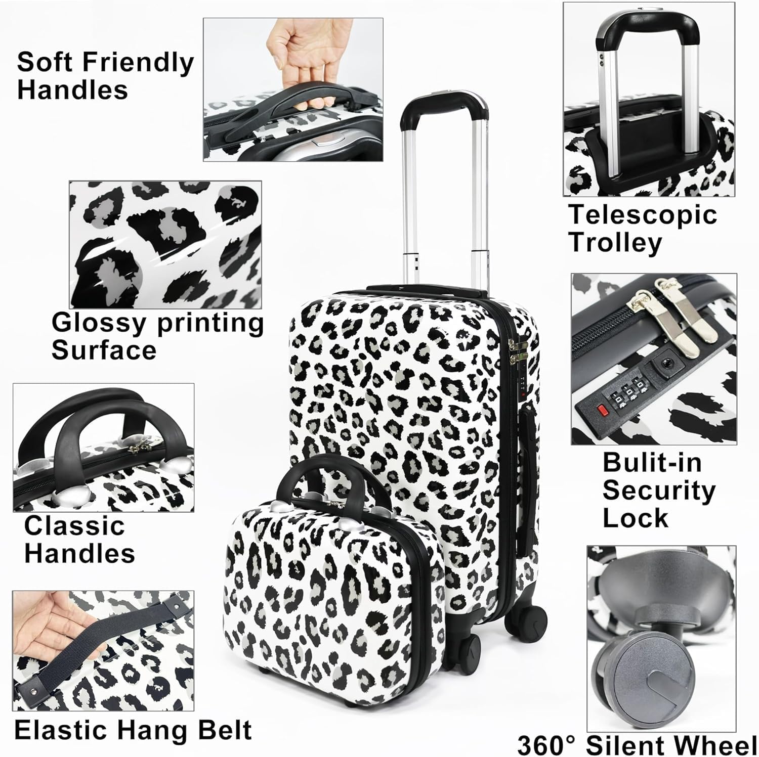 White Leopard Print Luggage Set 4 Pieces, Lightweight Scratch-Resistant Hardshell Suitcases with Spinner Wheels, 14' Underseat Bag & 28' Large Check-in, Animal Print Rolling Luggage for Women Men