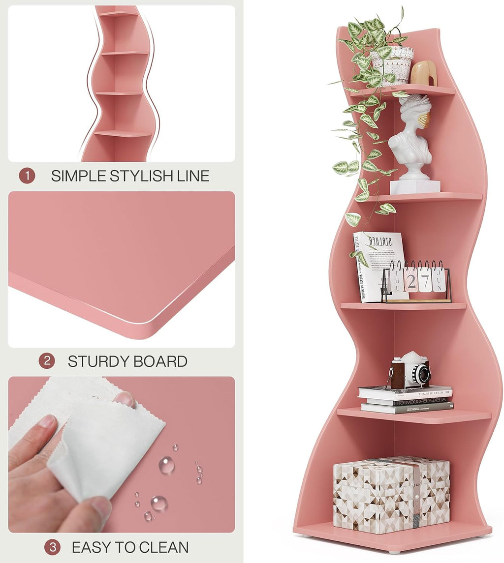 Tribesigns Corner Shelf, Modern 5-Tier Wall Corner Bookshelf, Stylish Corner Small Bookcase Storage Rack Plant Stand with Unique Shape for Living Room, Home Office (Pink, 1PC)
