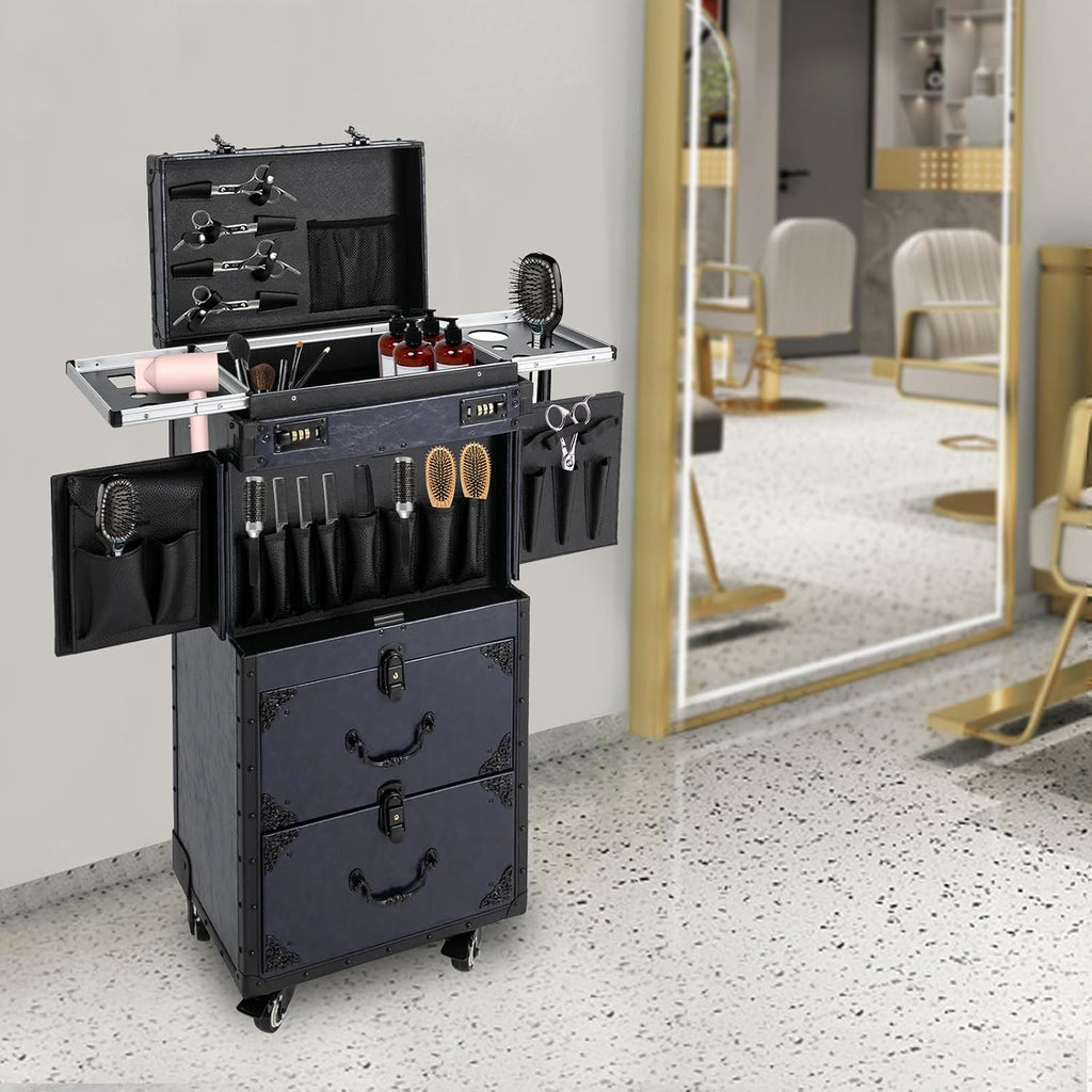 Makeup Case Trolley, Rolling Makeup Case with 4 Universal Wheels Large Professional Cosmetology Case with Sliding Drawer & Keys Multi-functional Cosmetic Train Case Trolley Storage Case Blue