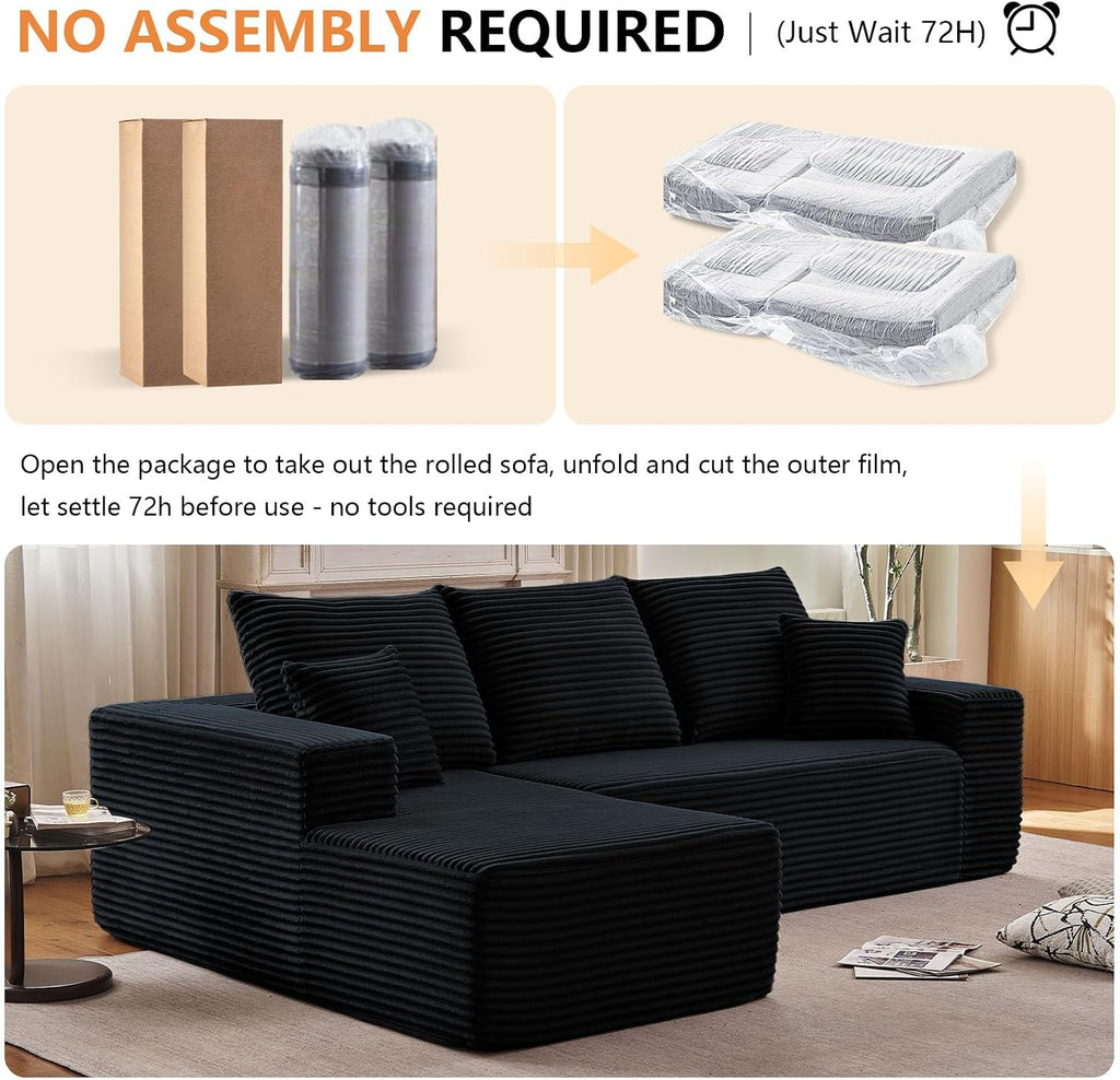 96' Modular Sectional Sofa,Modern Corduroy Cloud Couch,Boneless Couch Upholstered 3-Seater L-Shaped Sofa for Living Room,Couch in a Box No Assembly (Black, Left-Facing Chaise)