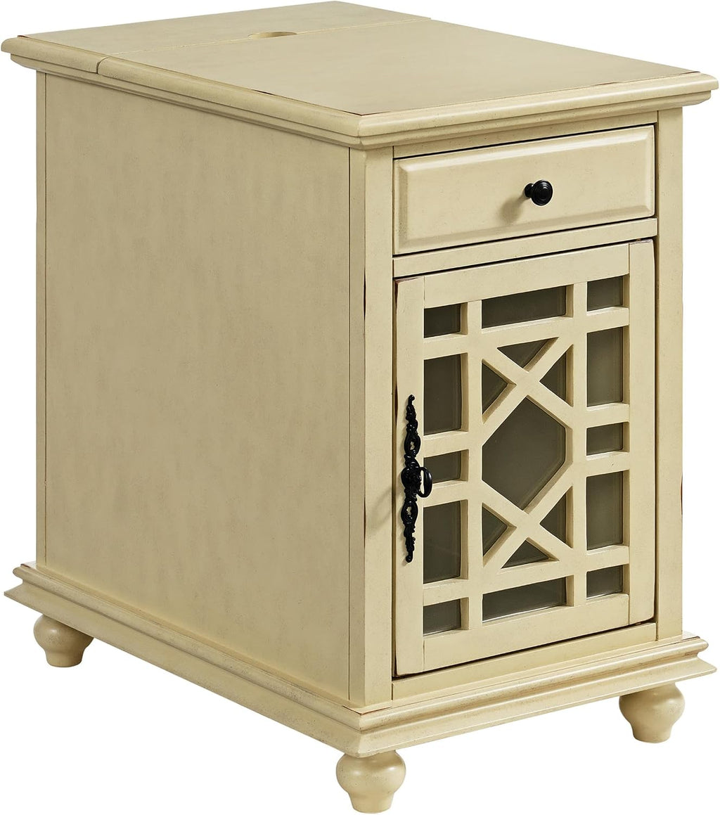 Martin Svensson Home Elegant Chairside End Table with Power — 24″W x 16″D x 25″H, Antique Cream White — Transitional Painted Accent Table with Flip-Top USB Charging, Drawer & Cabinet Storage