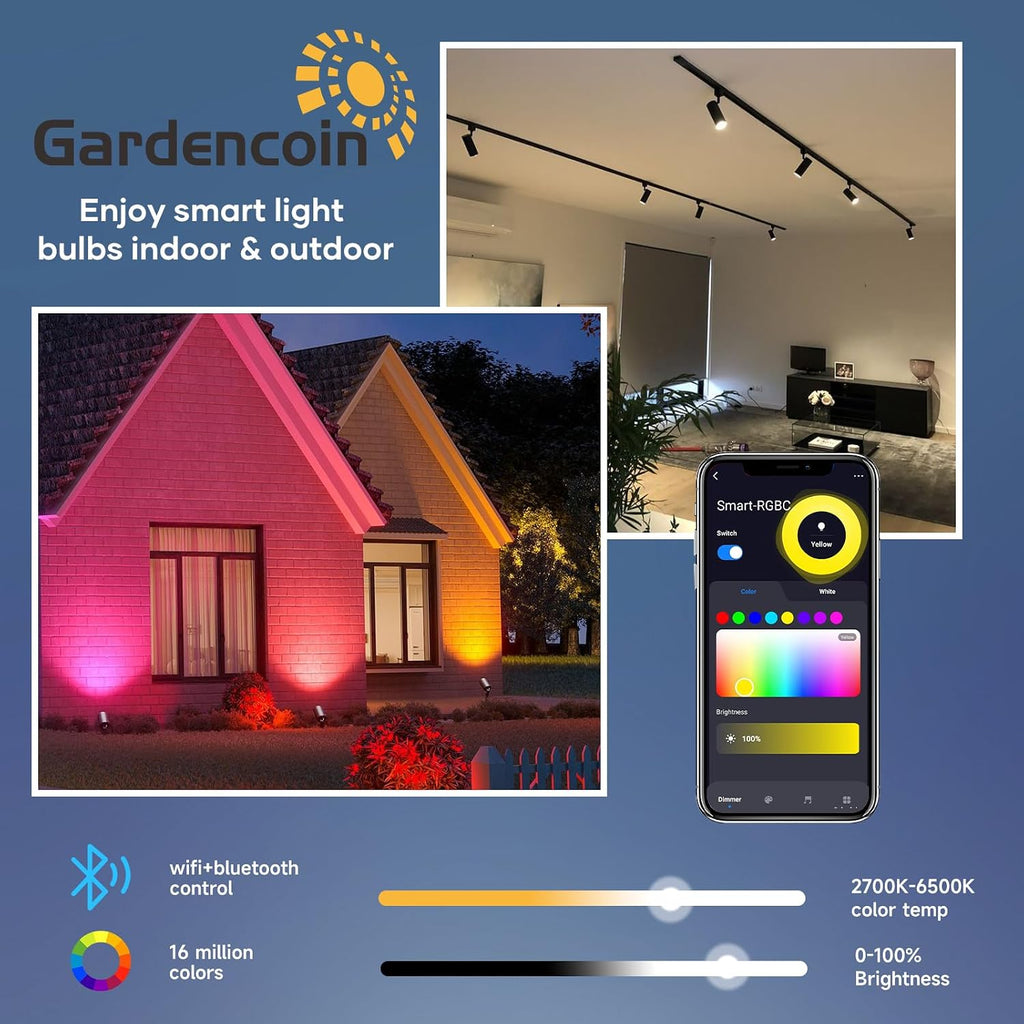 Gardencoin MR16 LED Bulb Color Changing, RGBCW Smart GU5.3 LED Bulbs Dimmable, 6W 12V Bi-Pin Base, Spotlight Bulbs Replacement for Halloween & Christmas Outdoor, WiFi Bluetooth Control (6 Pack)
