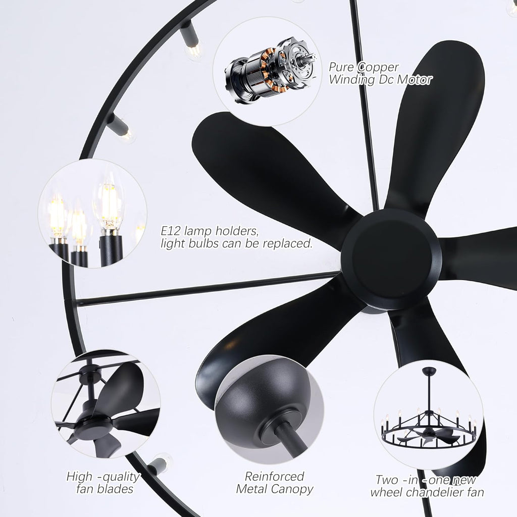 Farmhouse Chandelier Ceiling Fan with Light and Remote, 16-Lights Large Wagon Wheel Fandelier with Candle for Living Room,Rustic Black Fan with Big Light Fixture for Loft