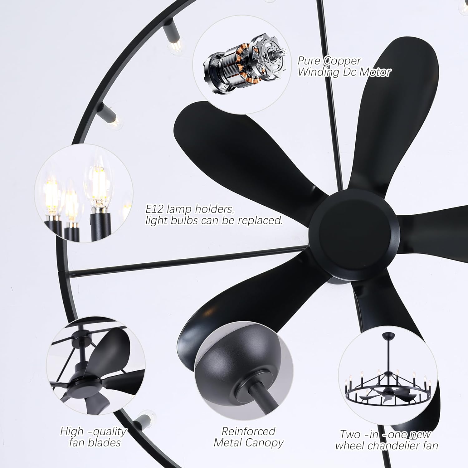Farmhouse Chandelier Ceiling Fan with Light and Remote, 16-Lights Large Wagon Wheel Fandelier with Candle for Living Room,Rustic Black Fan with Big Light Fixture for Loft