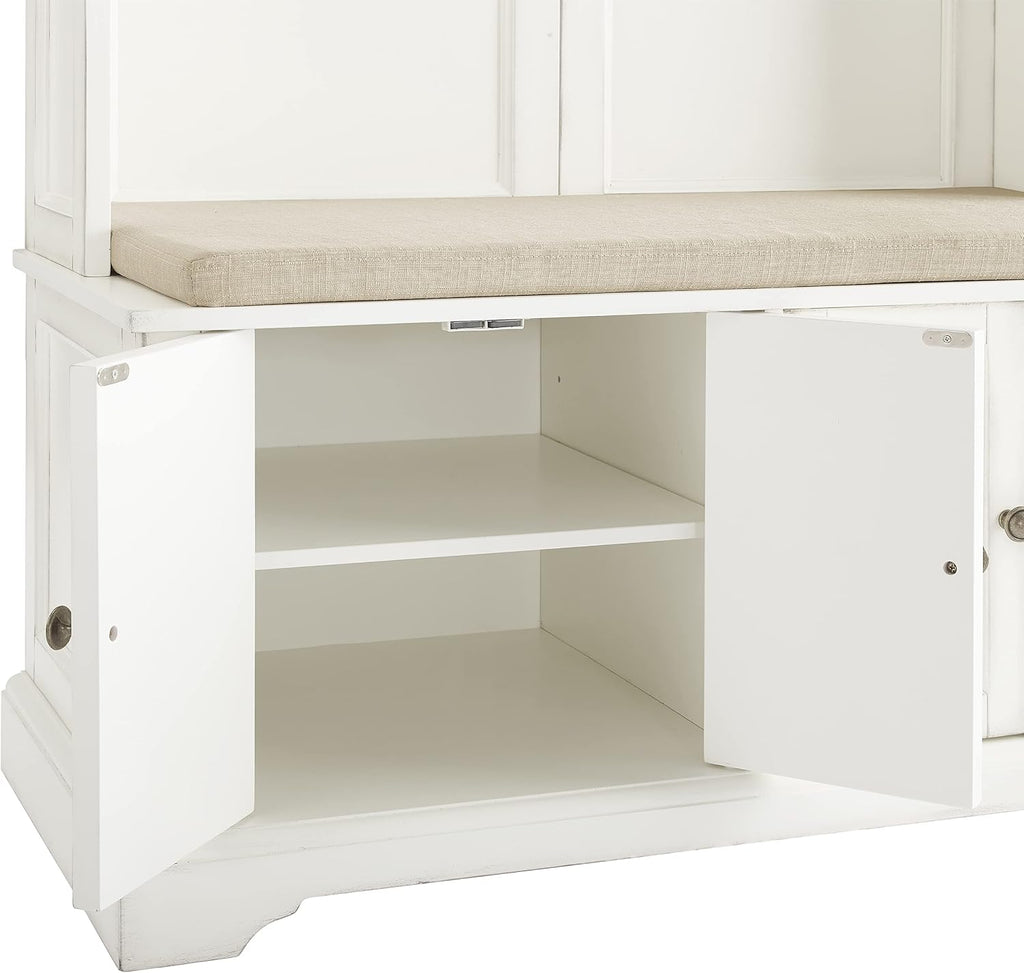 Crosley Furniture Holbrook Hall Tree with Shoe Rack Bench and Coat Hooks for Hanging Storage, Distressed White
