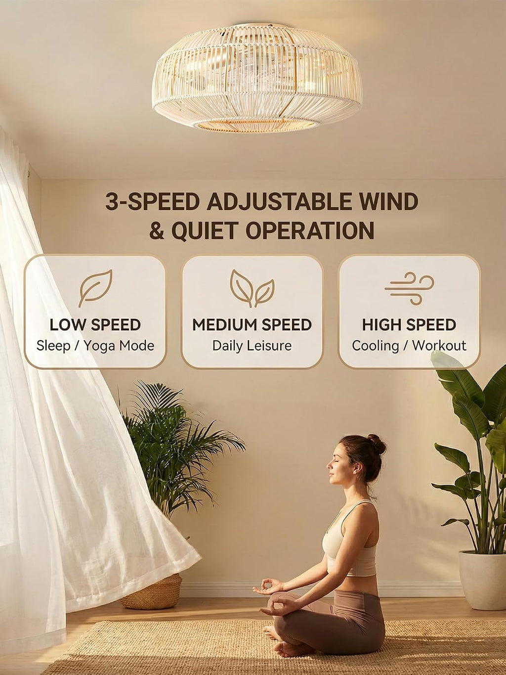 Boho Caged Ceiling Fan with Light, 20' Rattan Flush Mount Ceiling Fans with Lights Remote Contro, Bladeless Enclosed Fandelier Fan Safe for Bedroom, Living room, Nursery