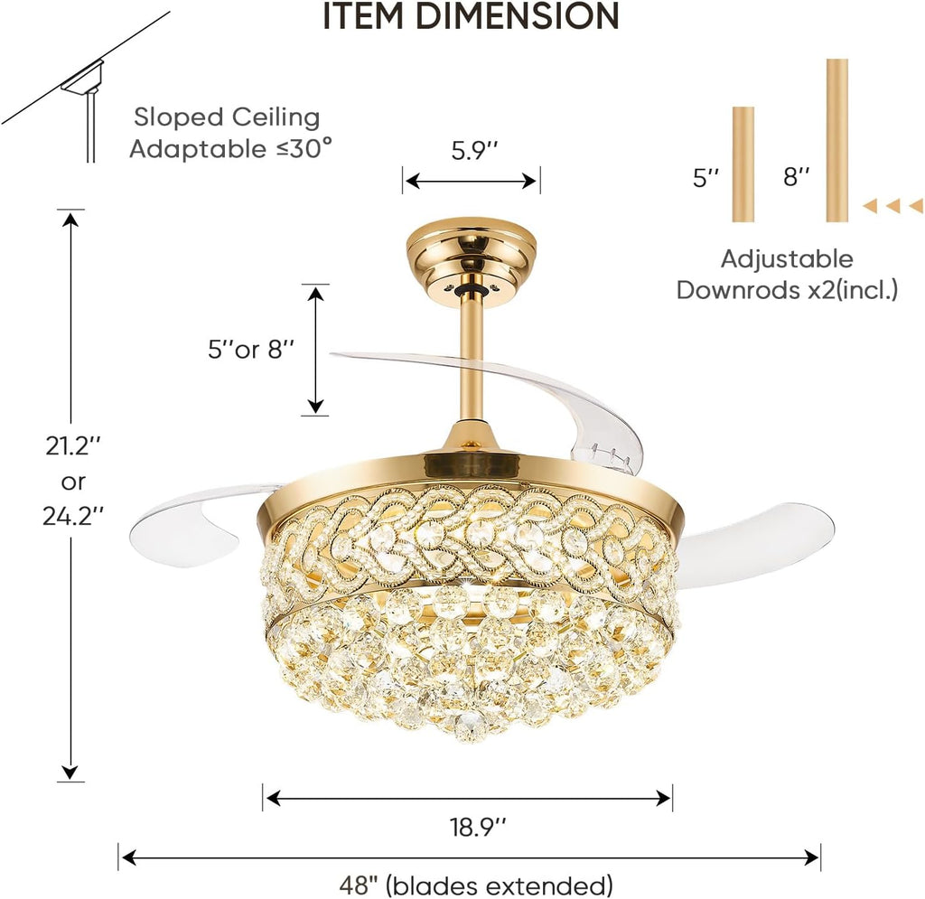 TXCSLY 48' Crystal Fandelier Ceiling Fan with Light, Retractable Ceiling Fans Chandelier Fan with Retractable Blades Dimmable Crystal Ceiling Fan Chandelier Fans for Bedroom Living Room-Gold