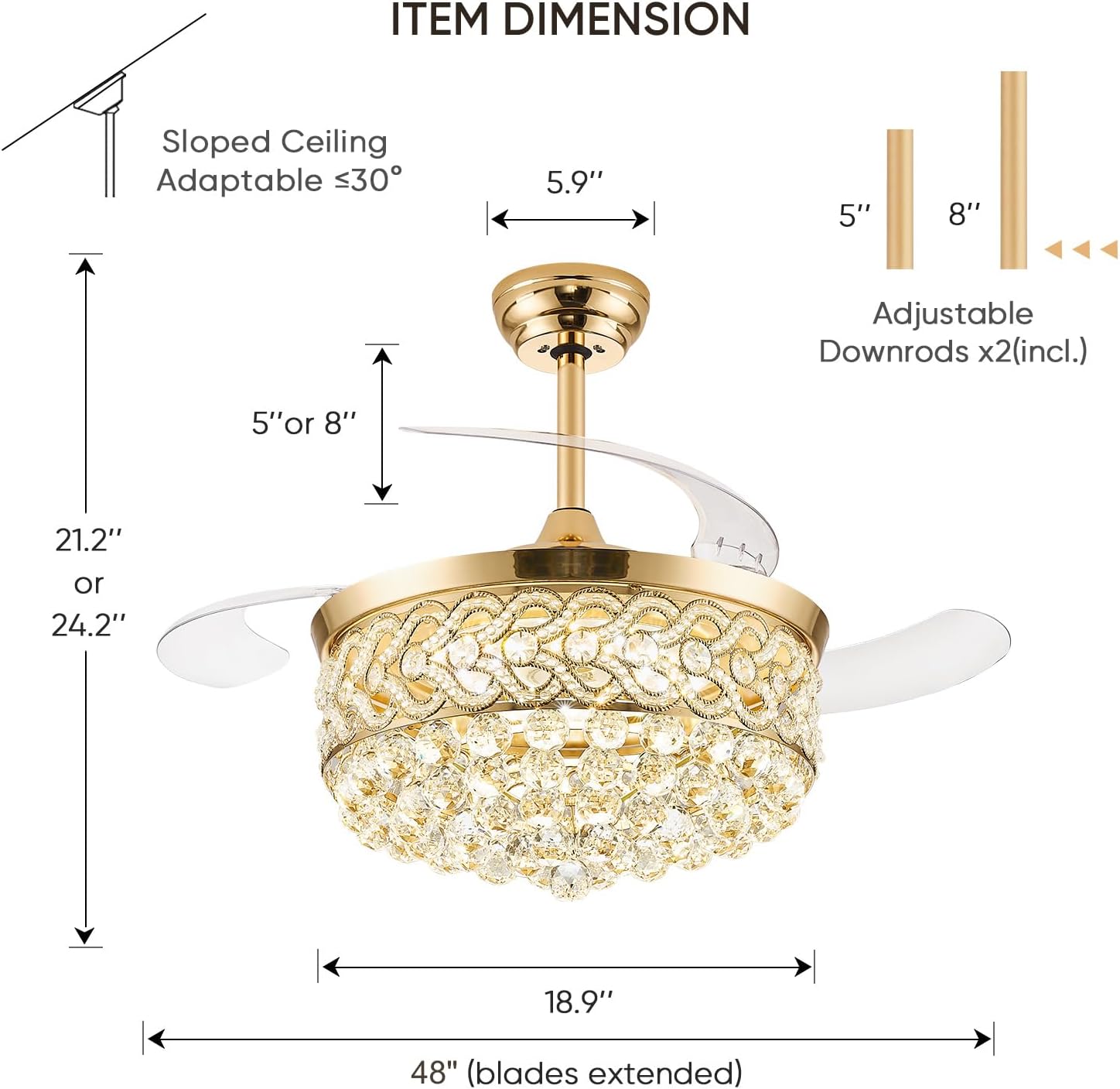 TXCSLY 48' Crystal Fandelier Ceiling Fan with Light, Retractable Ceiling Fans Chandelier Fan with Retractable Blades Dimmable Crystal Ceiling Fan Chandelier Fans for Bedroom Living Room-Gold