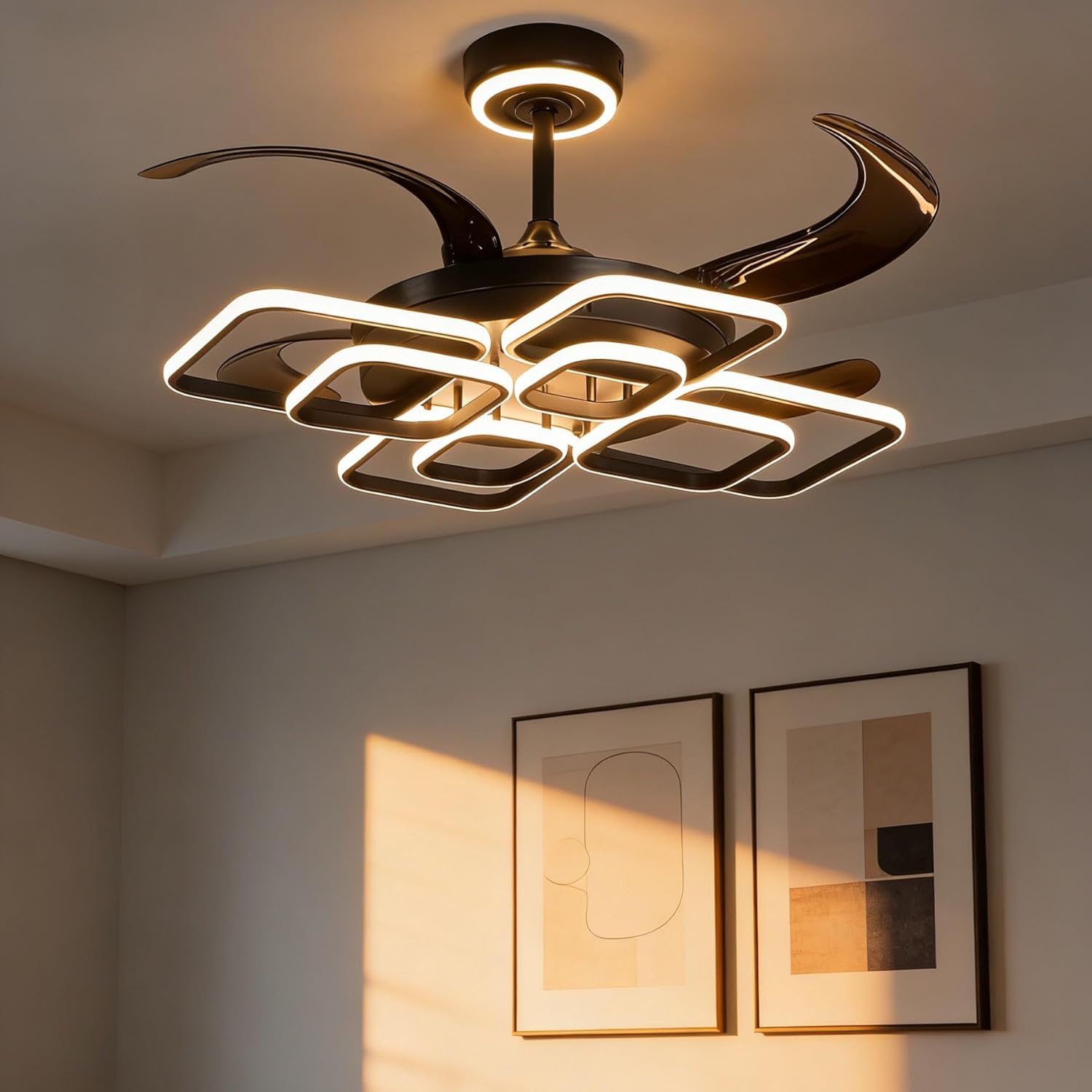 48' Ceiling Fans with Lights and Remote Control 3000-6000K Dimmable Morden LED Fans Light, 6 Wind Speeds, Black Chandelier Ceiling Fans for Bedroom Living Room