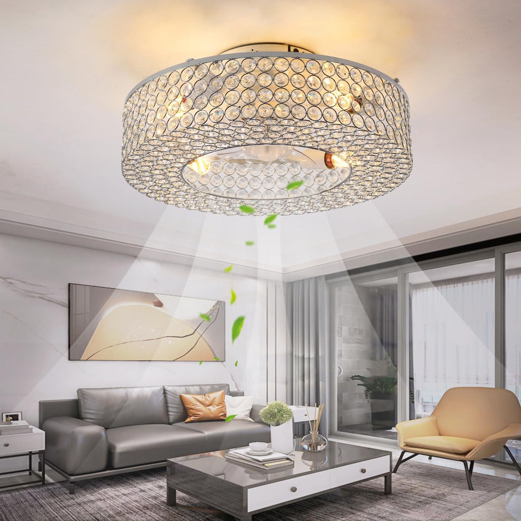 Modern Crystal Ceiling Fan with Light Remote Control, 19.6 Inch Enclosed Bedroom Fan with Lights, 6-Speed Quiet reversible motor, Flush Mount Fandelier for Low Ceiling, Living Room, Dining Room