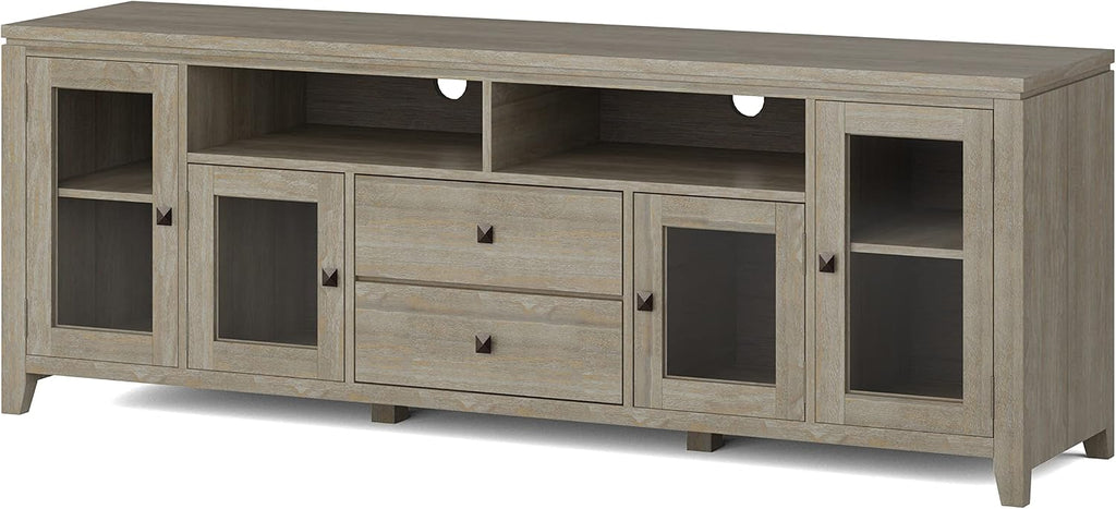 SIMPLIHOME Cosmopolitan SOLID WOOD Universal TV Media Stand, 72 inch Wide, Contemporary, Living Room Entertainment Center with Storage, for Flat Screen TVs up to 80 inches in Distressed Grey