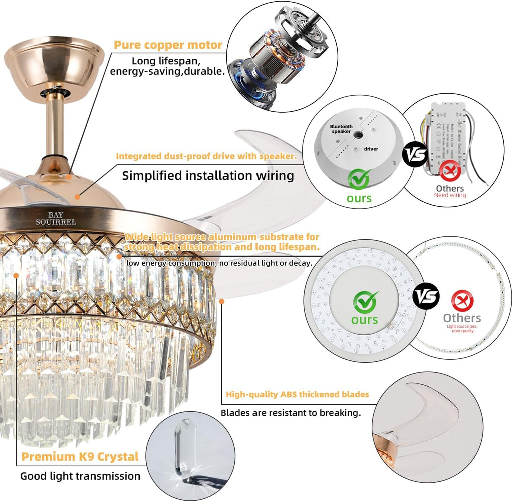 Retractable Crystal Ceiling Fan with Lights and Remote/APP Control, Bluetooth Ceiling Fan with Speaker, 6-Speed Reversible Blades, RGB Light, Invisible Fandelier for Bedroom Dinning Room 42'