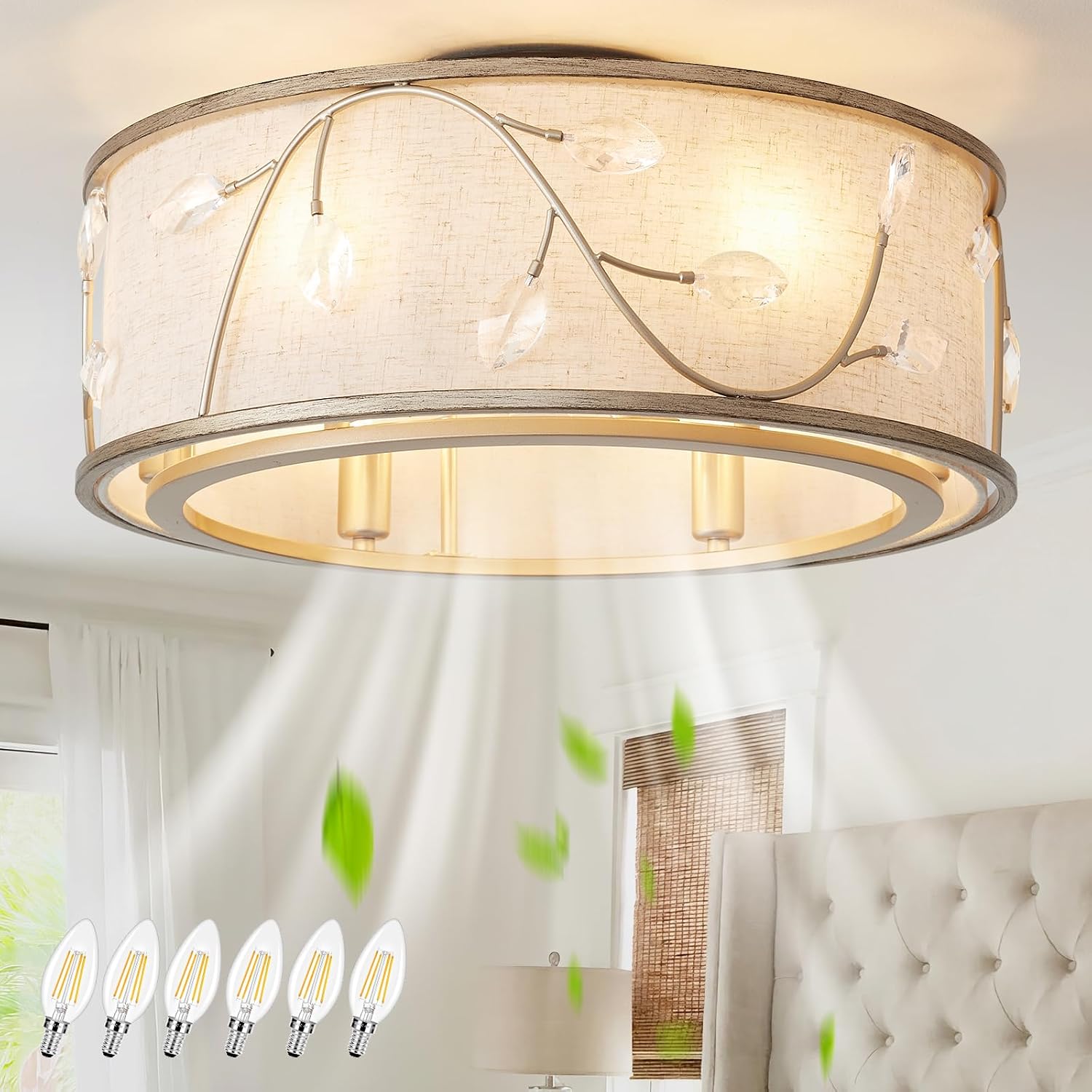 Caged Flush Mount Ceiling Fans with Lights, 20' Gold Boho Ceiling Fan, Low Profile Crystal Ceiling Fan with Light Remote Control, Small Mid Century Bladeless for Bedroom(6 E12 Bulb Include)