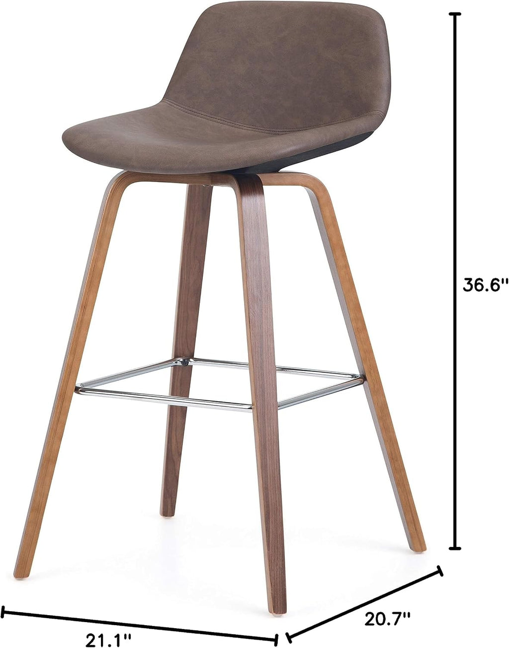 SIMPLIHOME Randolph Counter Stools (Set of 2) - 28 Inch Seat Height Upholstered Bentwood Kitchen Seats in Distressed Chocolate Brown Vegan Faux Leather, Mid Century Modern Seating with Chrome Footrest