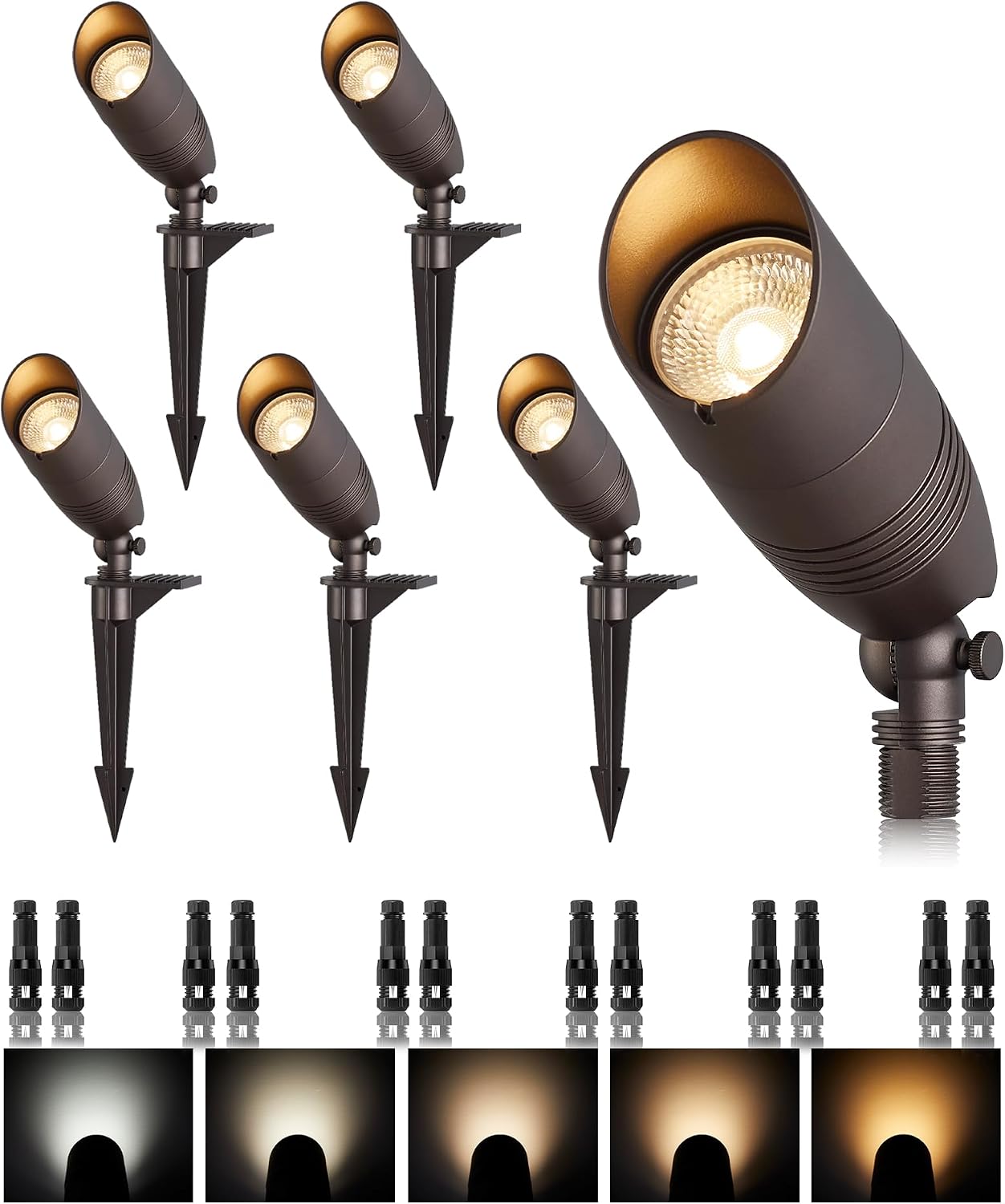 Low Voltage Landscape Spotlights, 12V 5CCT Tree Spotlights, 7W LED Spotlights Outdoor with Connectors, IP65 Uplighting Outdoor for Low Voltage Landscape Lighting, ETL, Bronze, Pack of 6