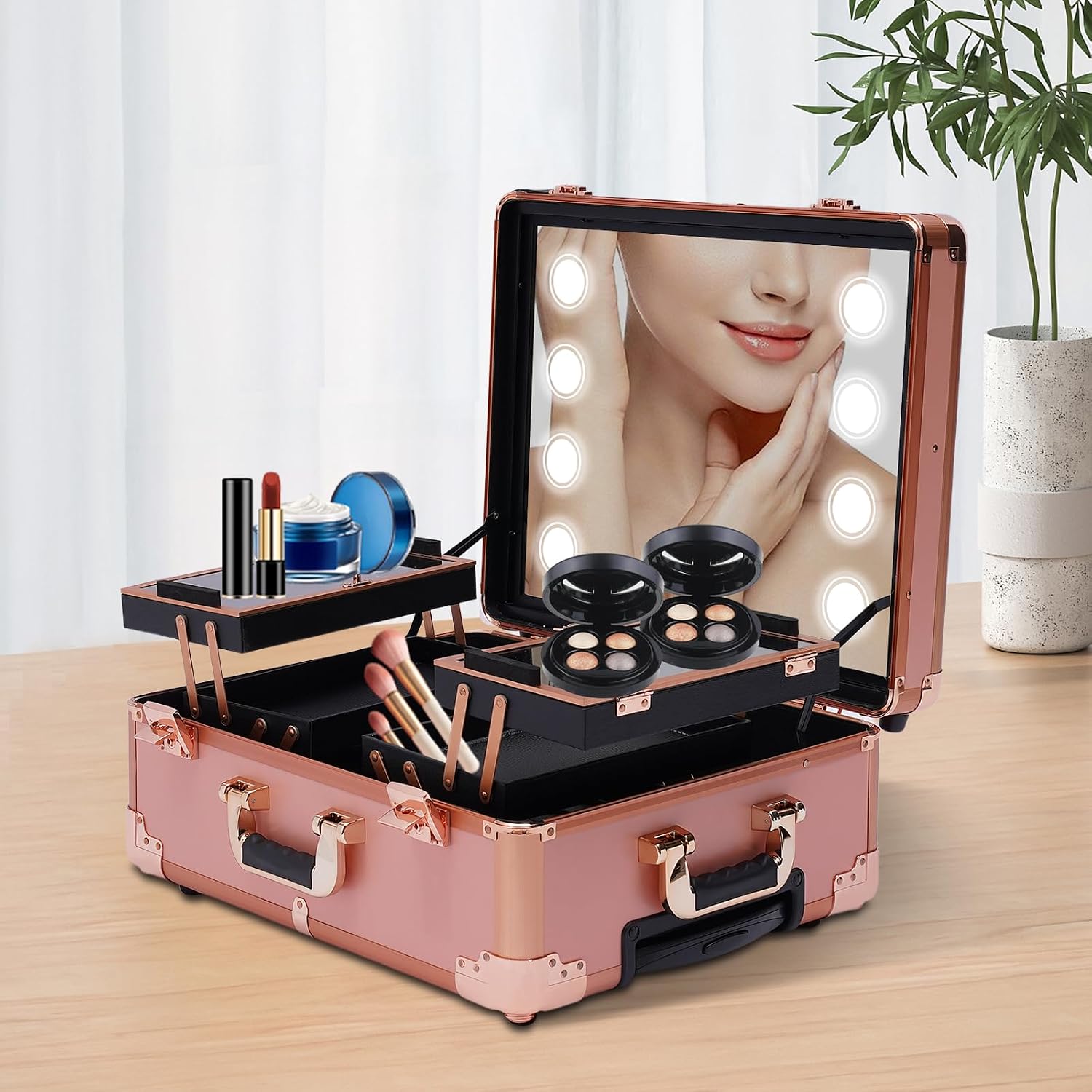 Rolling Makeup Case 22' Makeup Vanity Station with 8 LED Light Mirror, Make up Artist Free Standing Box with Lock, Professional Artist Cosmetic Organizer Studio with Adjustable Legs (Rose Gold)