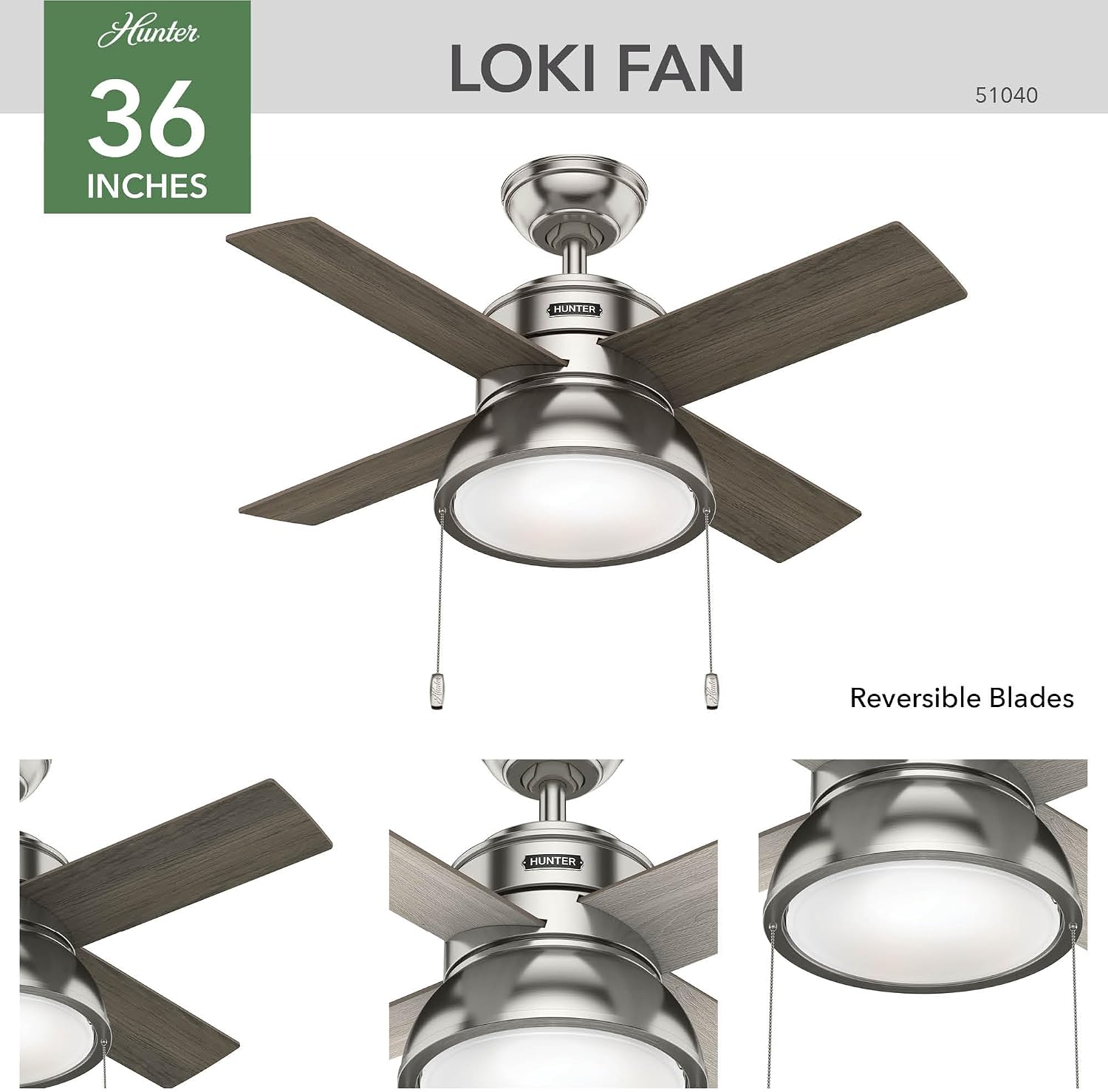Hunter 36 inch Small Indoor Ceiling Fan with LED Light and Pull Chain - Standard Mount Ceiling Fan, 4 Blades, For Bedroom, Home Office, or Laundry Room, Quiet - Loki 51040, Brushed Nickel