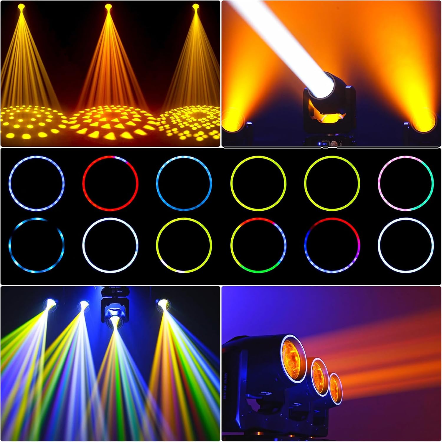 2Pack 230W 7R Moving Head Light with RGB Halo Strip,Ultra-Bright 230,000 Lux 48-Facet Prism 15 Gobos 14 Colors Stage Light DMX512 Sound Activated Beam DJ Lights for Concert Large Venue Touring
