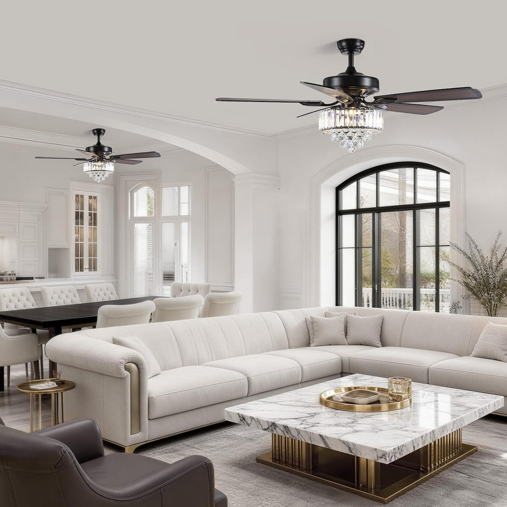 52 Inch Crystal Ceiling Fan with Lights and Remote Modern Black Chandelier Fan for Bedroom 5 Reversible Wood Blades Silent DC Motor Fandelier Ceiling Fans for Living Room Dining Room