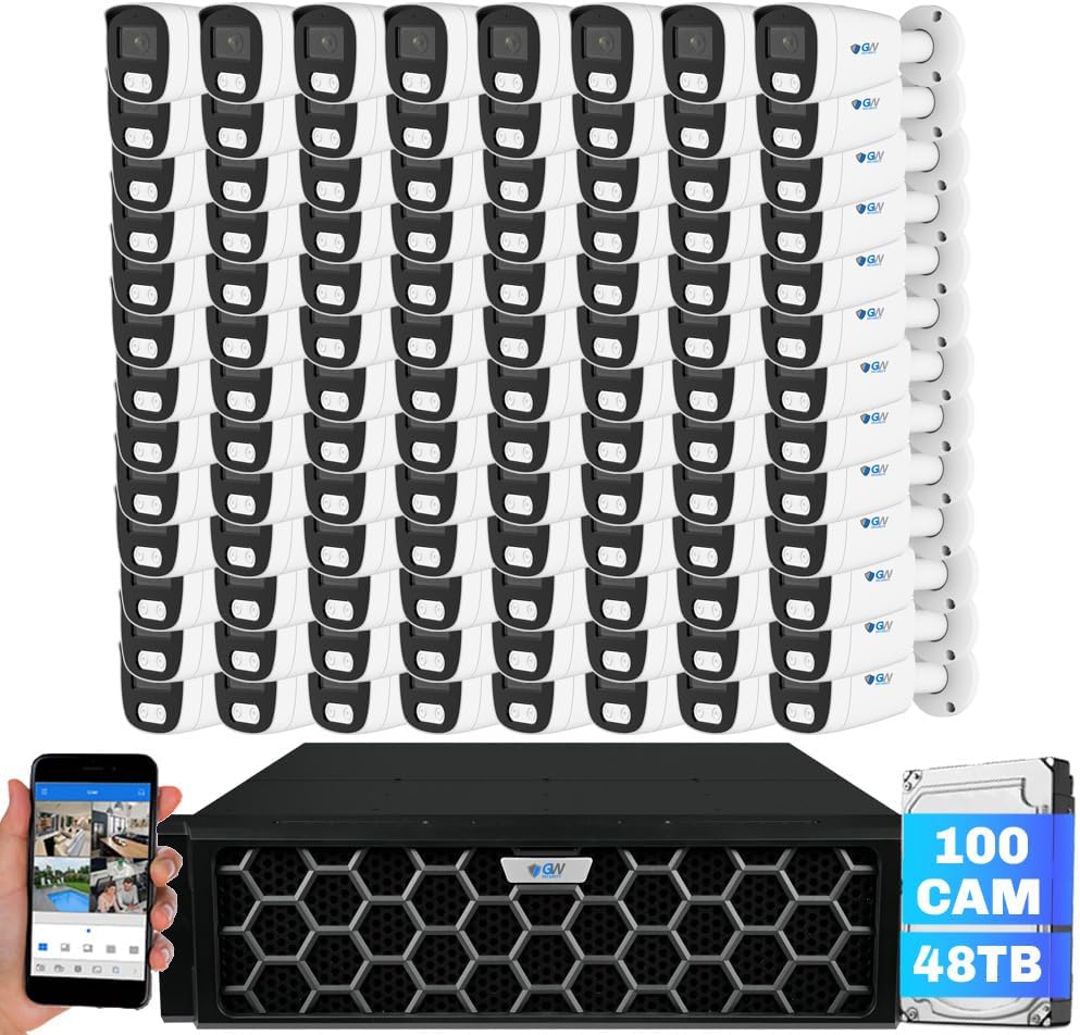 GW Security 128 Channel 12MP NVR 4K Security Camera System with 100 x 8MP PoE Spotlight Color Night Vision Outdoor/Indoor Microphone Bullet Cameras, Smart AI Human/Vehicle Detection, 48TB HDD