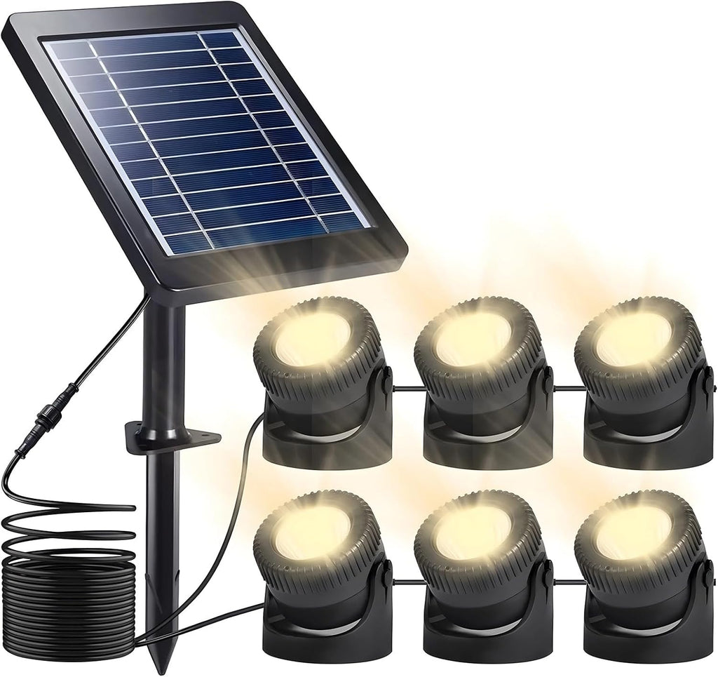 6 Led Solar Pond Lights, Ip68 Waterproof Submersible Fountain Lights with Adjustable Panel (Warm White) - 16Ft Cable Outdoor Spotlight for Garden, Pool, Landscape